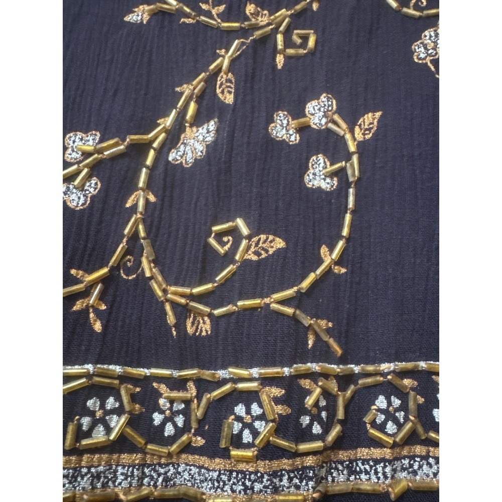 VTG MPH Navy Blue Floral Beaded Rayon Empire Waist Midi Dress Womens Small India - Picture 3 of 6